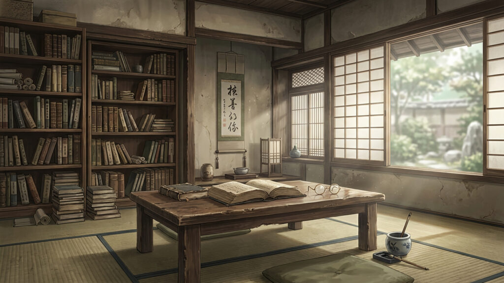 丸眼鏡と開かれた古書がある机の上