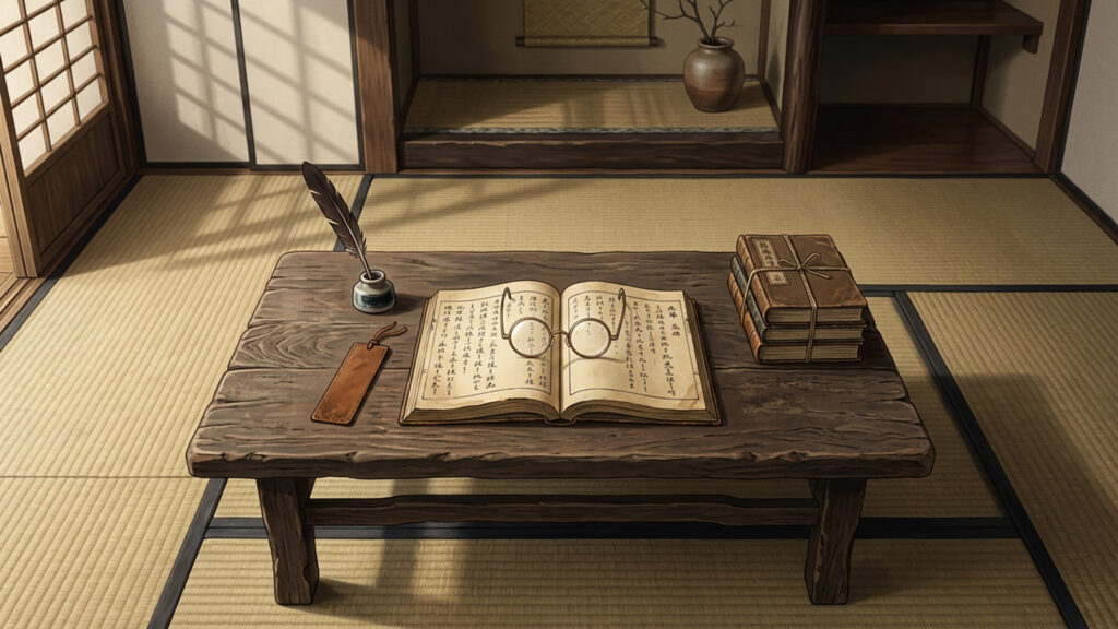 丸眼鏡と開かれた古書がある机の上