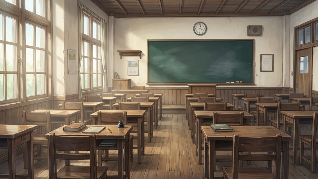 木製の長机と黒板のある学校の教室の背景イラストのフリー素材