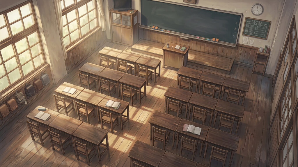 木製の長机と黒板のある学校の教室