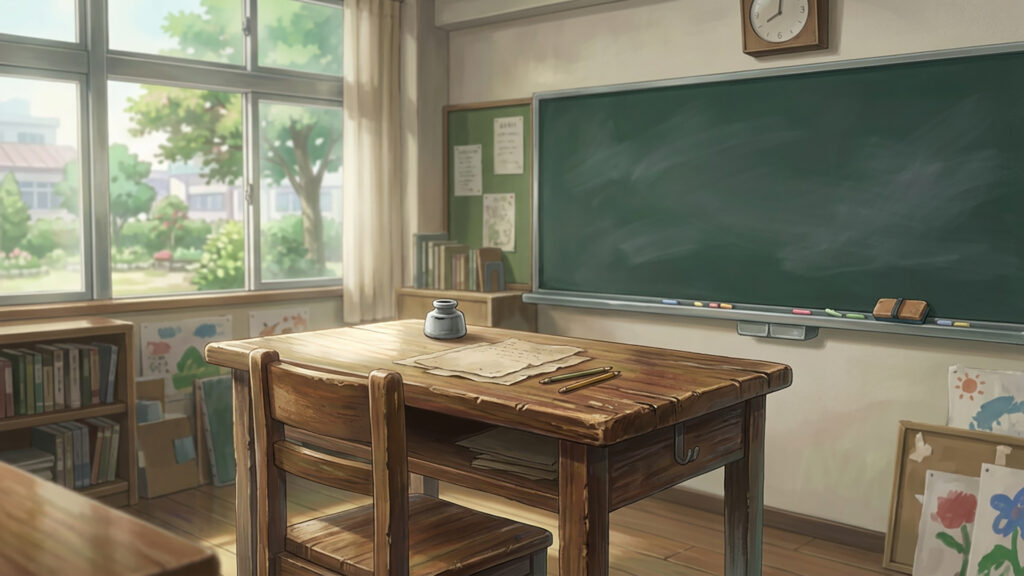 木製の長机と黒板のある学校の教室