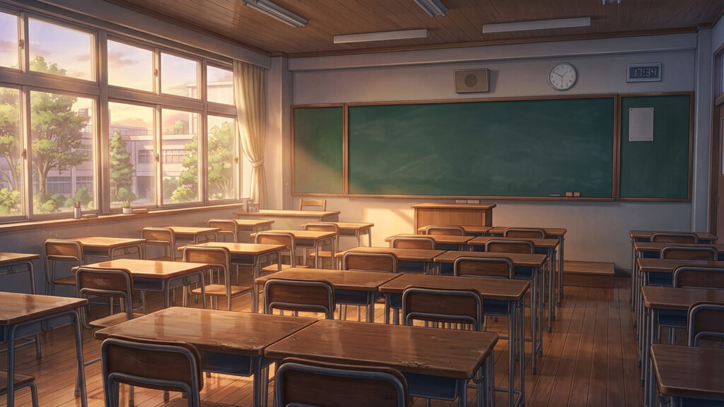 木製の長机と黒板のある学校の教室