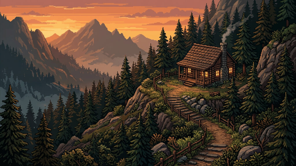 夕焼け空と山小屋｜ドット絵風