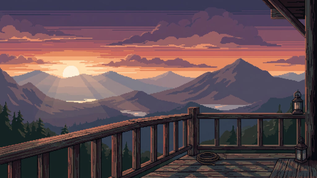 夕焼け空と山小屋｜ドット絵風