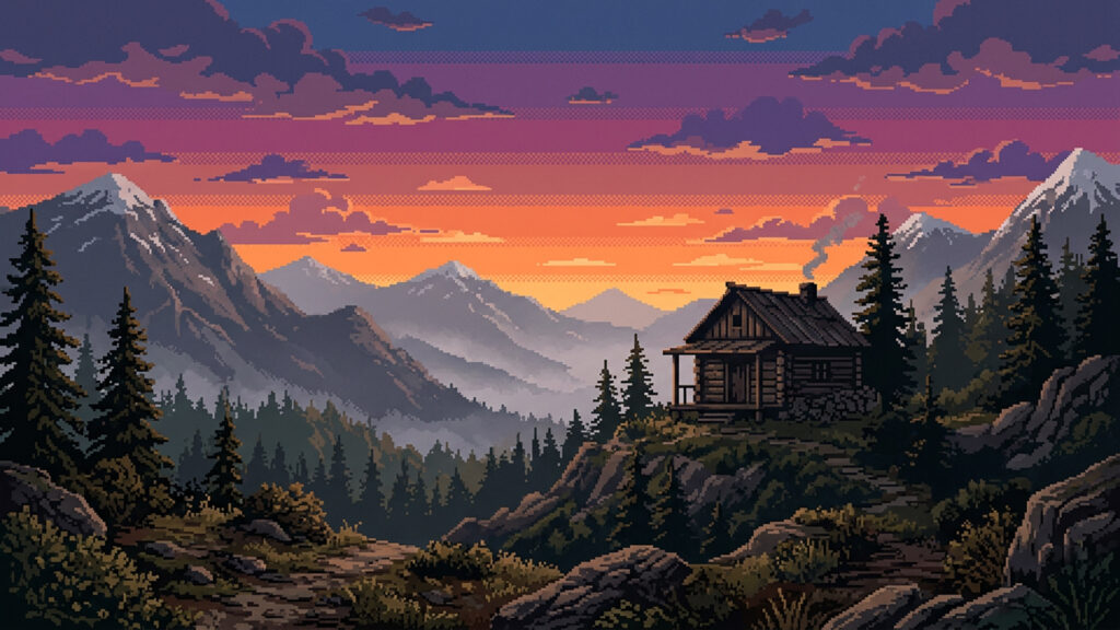 夕焼け空と山小屋｜ドット絵風