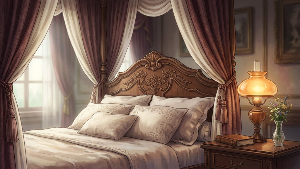 洋館の天蓋付きベッド