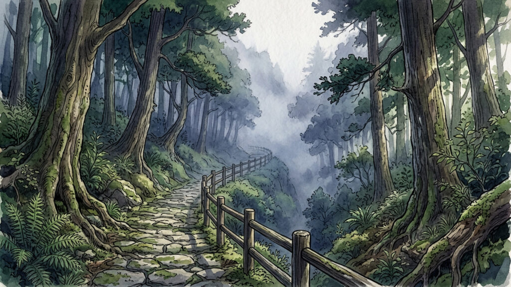 霧に包まれた神秘の山道の背景イラストのフリー素材