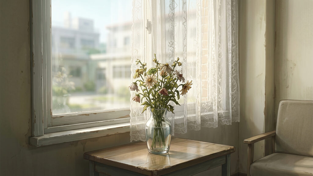 窓辺に置かれた少しだけ枯れかけた花が挿された花瓶の背景イラストのフリー素材