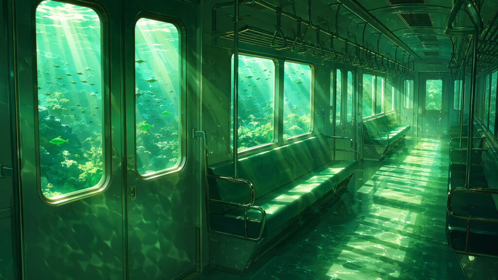 海底列車の光に満ちた車両｜差分ありの背景イラストのフリー素材