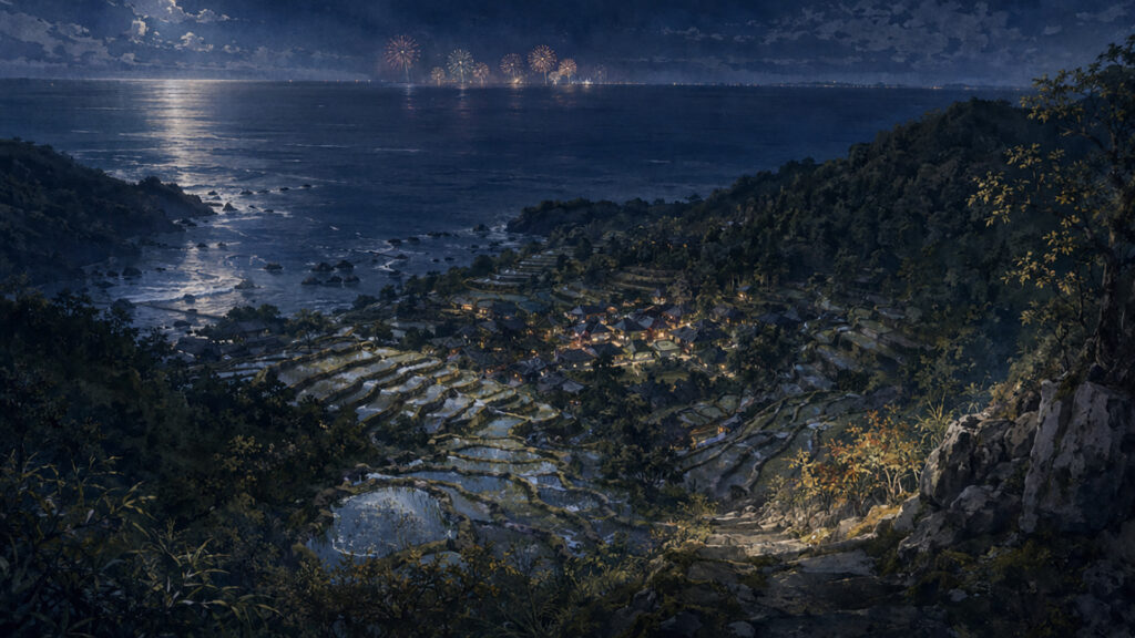 夜の砂浜と水平線の遠景花火