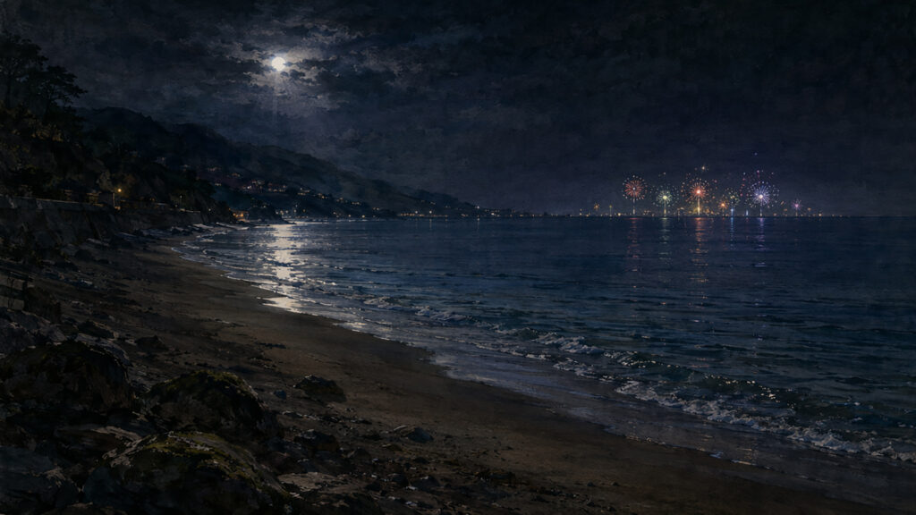 夜の砂浜と水平線の遠景花火