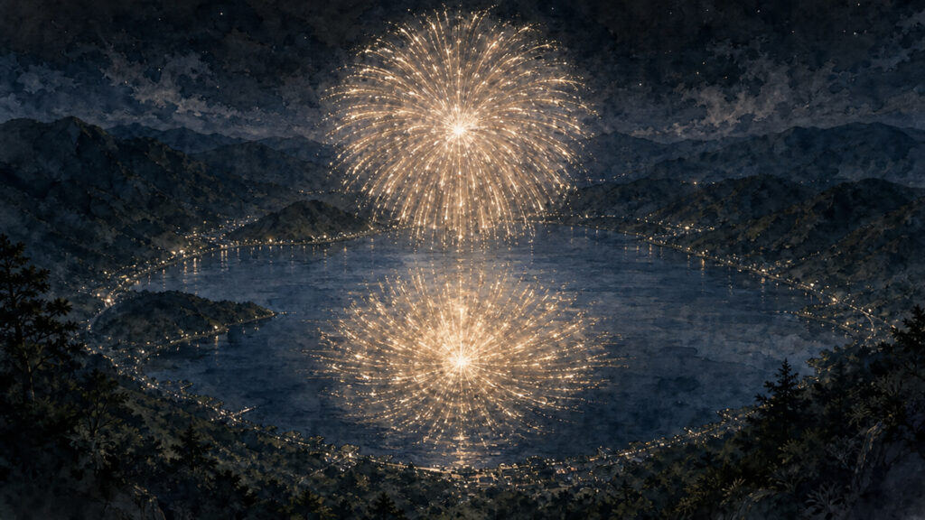 湖畔の夜風と波に揺れる花火