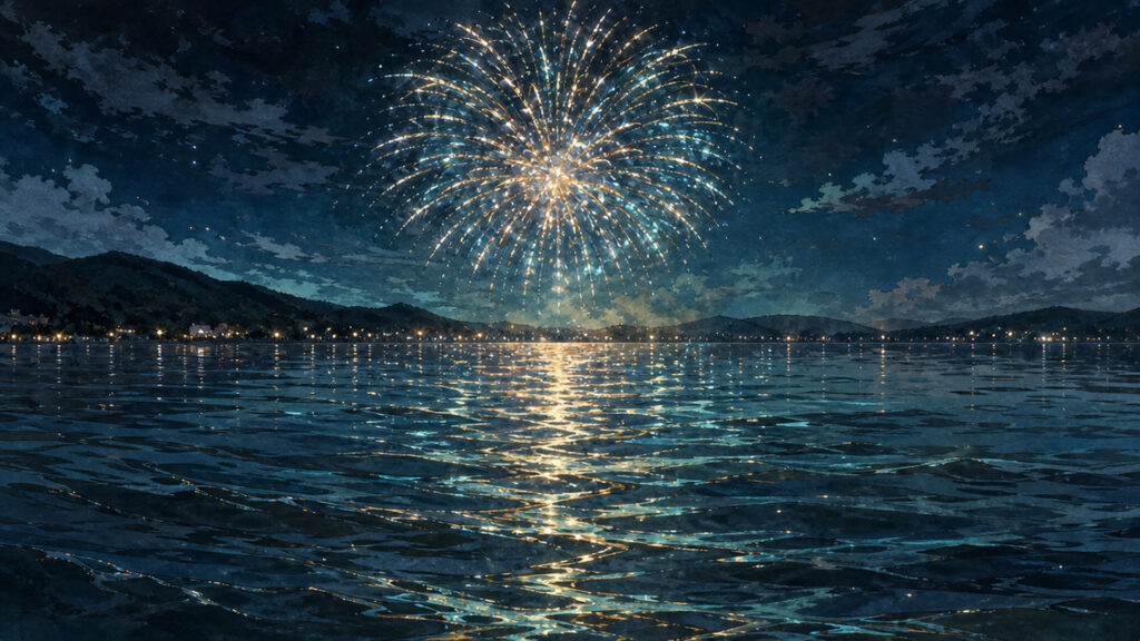 湖畔の夜風と波に揺れる花火