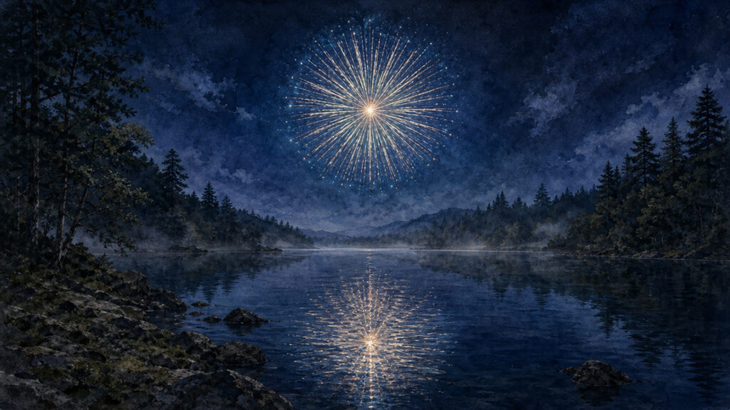湖畔の夜風と波に揺れる花火