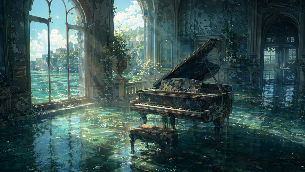 浅瀬に沈むグランドピアノ｜差分ありの背景イラストのフリー素材
