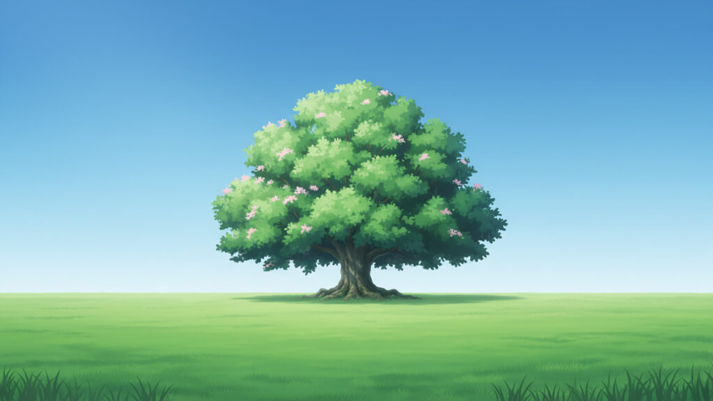 芝生と1本の木の背景イラストのフリー素材