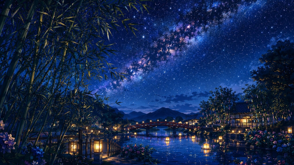 天の川と七夕の夜の背景イラストのフリー素材