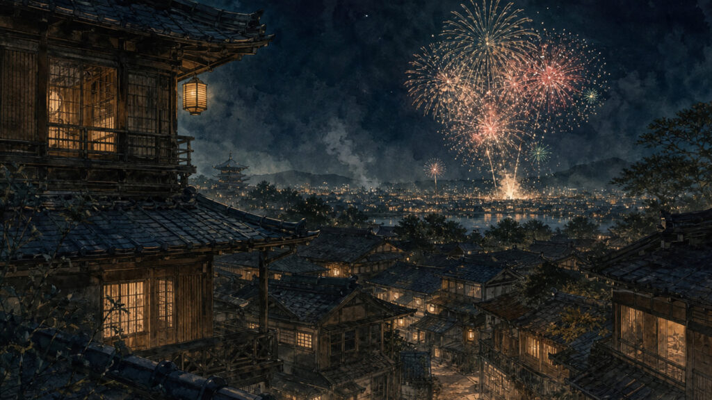 ノスタルジック花火と下町の屋根