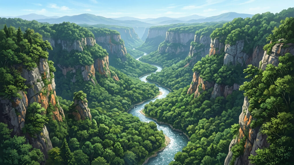 爽やかな緑の渓谷の背景イラストのフリー素材