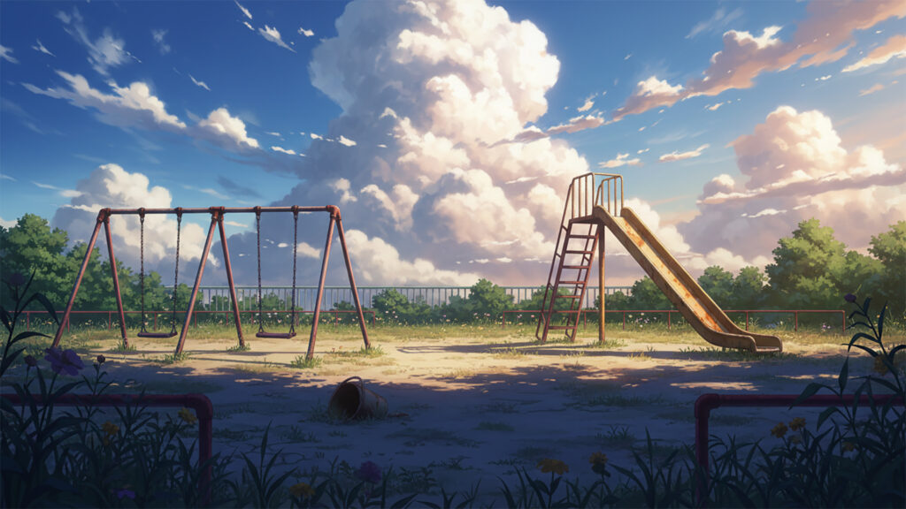 錆びた遊具と入道雲｜差分ありの背景イラストのフリー素材