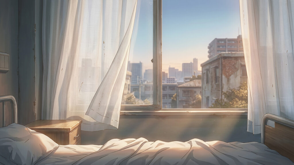 病室の窓際の風景の背景イラストのフリー素材