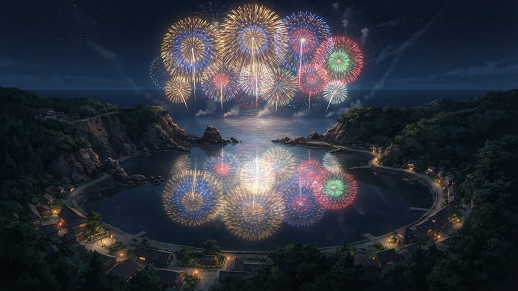 静寂の水鏡・幻想の夜花火