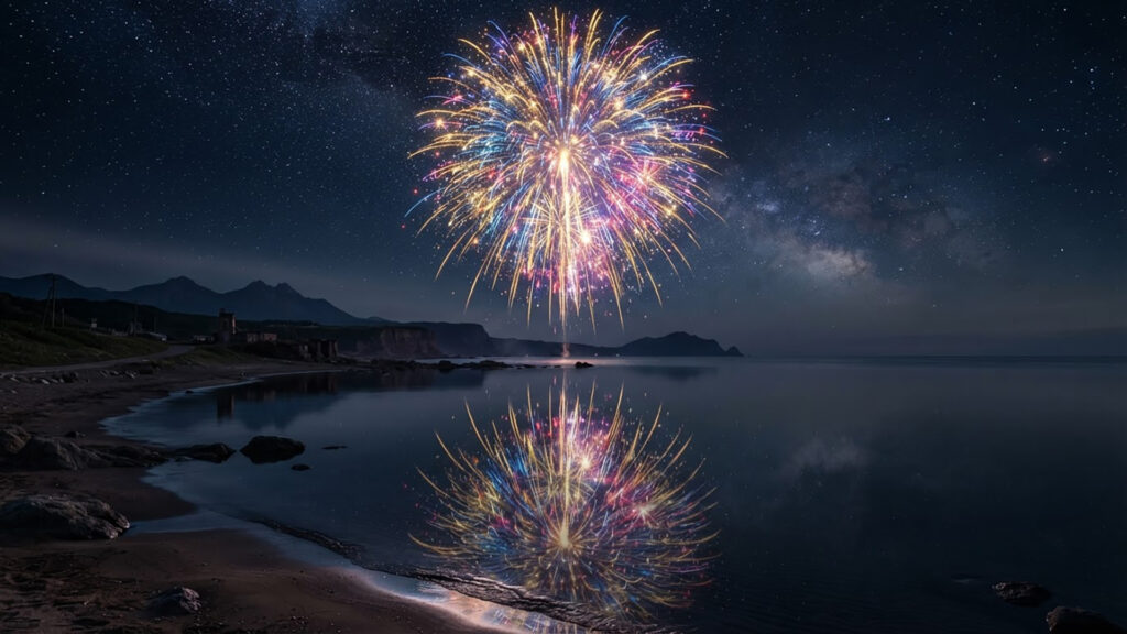 静寂の水鏡・幻想の夜花火