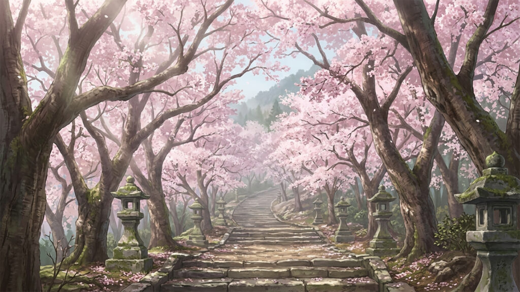 桜が咲き乱れる春の山