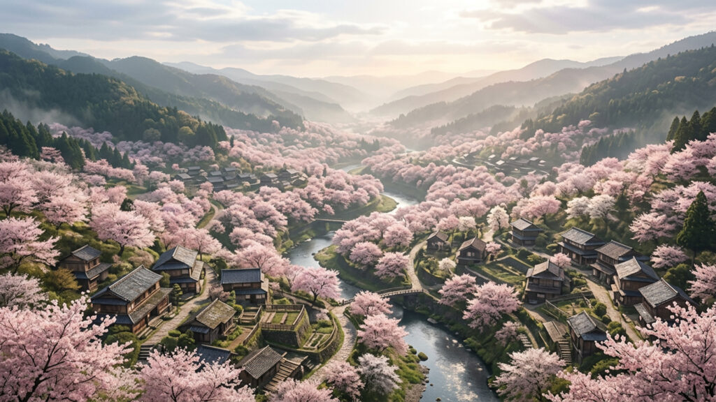 桜が咲き乱れる春の山