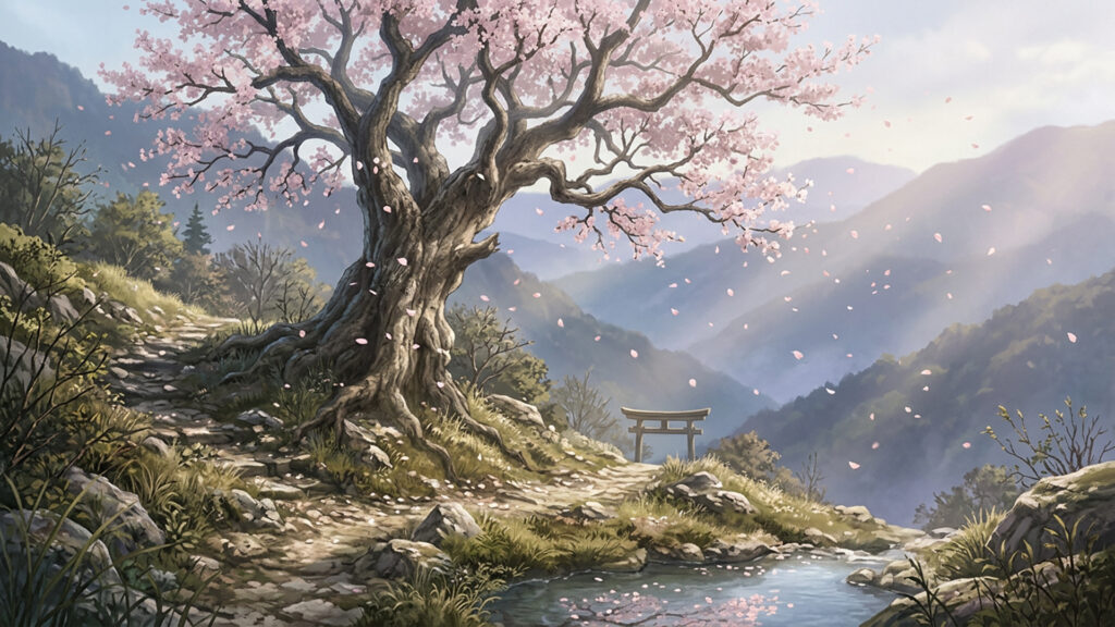 桜が咲き乱れる春の山