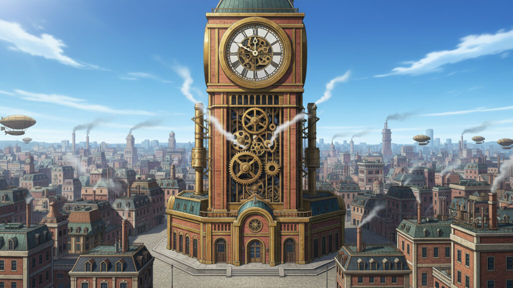 巨大な時計塔のある広場｜スチームパンク風の背景イラストのフリー素材