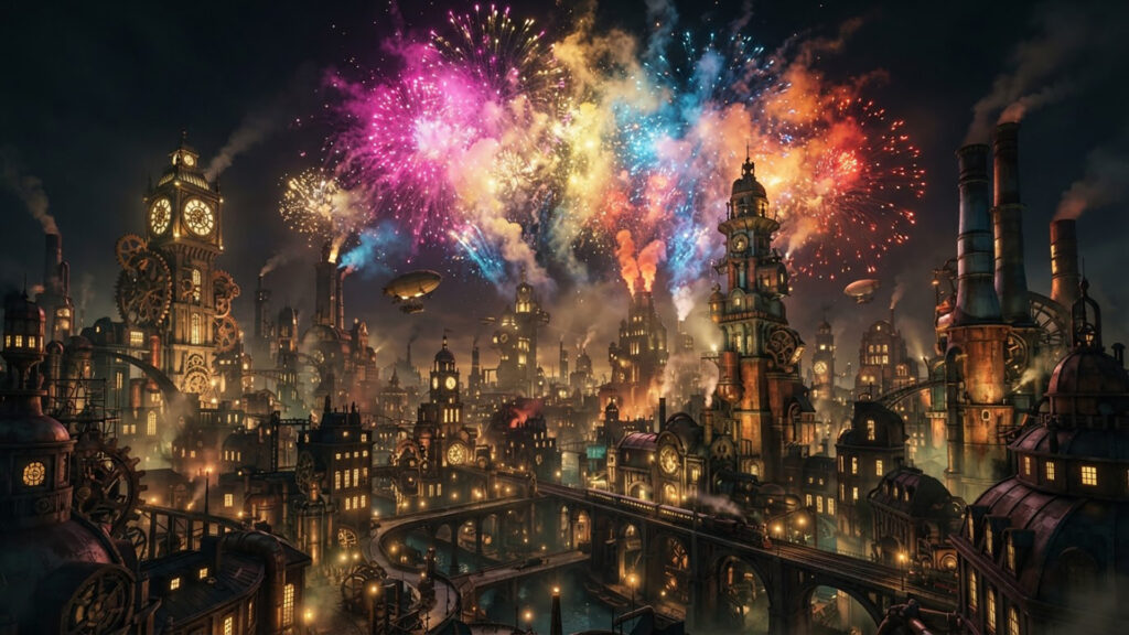 スチームパンク都市の排煙花火と蒸気の夜の背景イラストのフリー素材