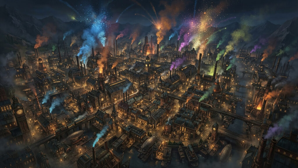 スチームパンク都市の排煙花火と蒸気の夜