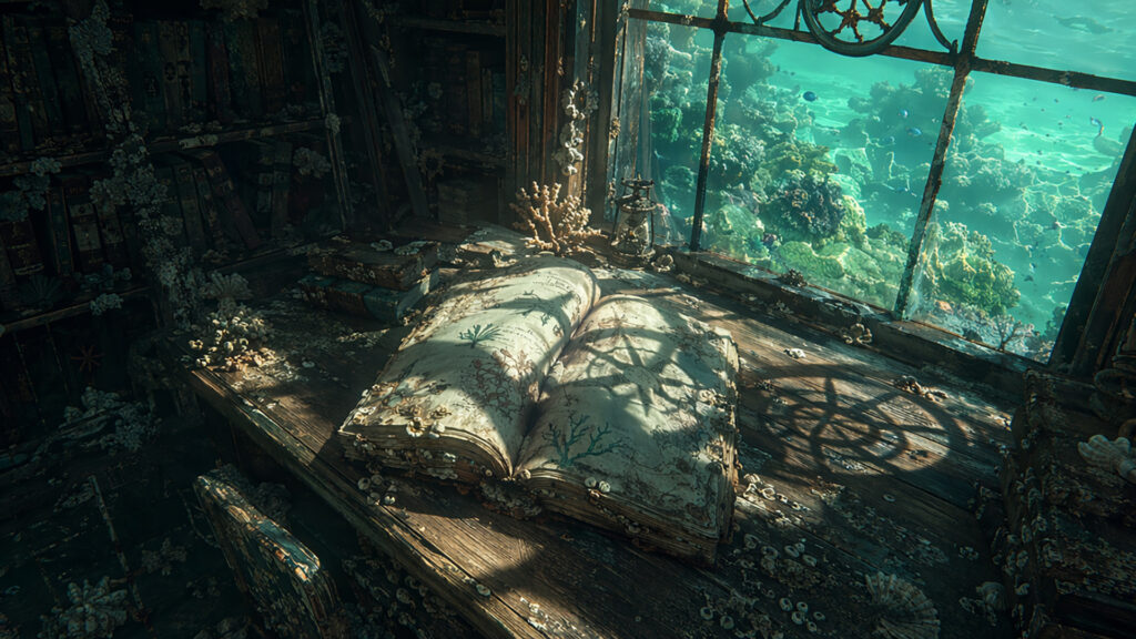 海に沈んだ窓辺の書斎｜差分ありの背景イラストのフリー素材