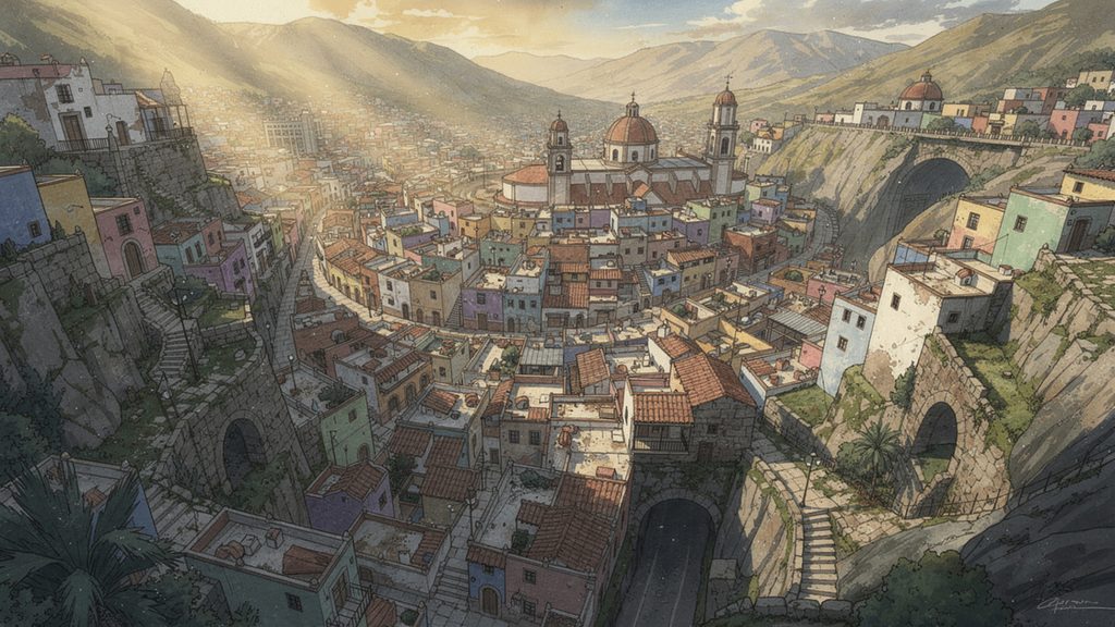 すり鉢状の色彩都市とトンネルの背景イラストのフリー素材