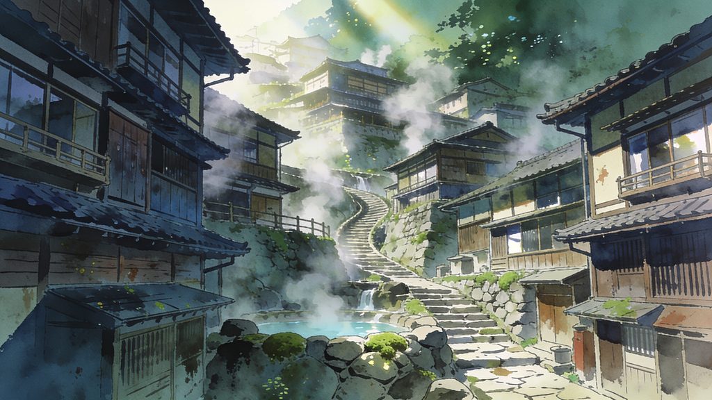 湯けむり立ちのぼる段々温泉街の背景イラストのフリー素材