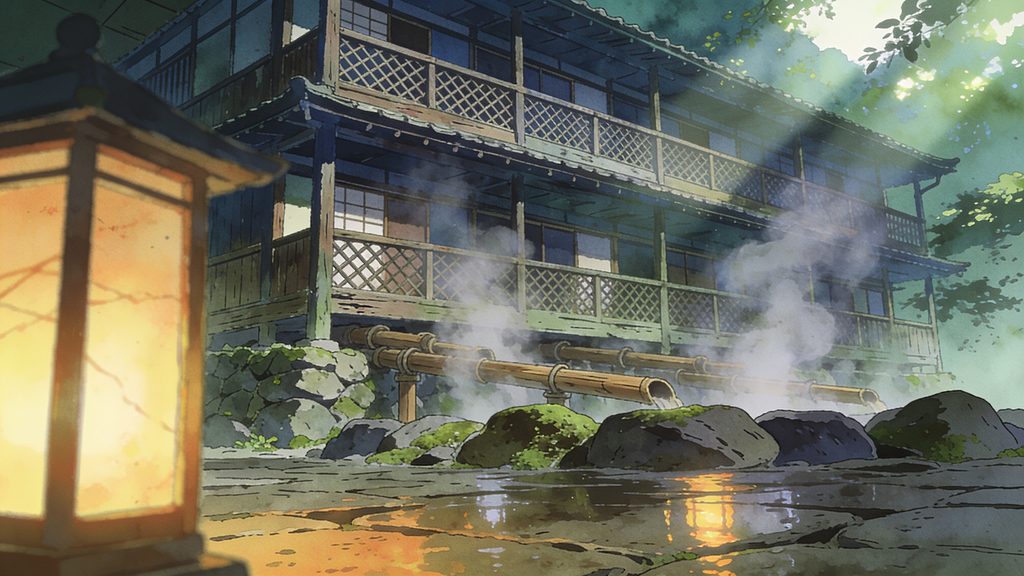湯けむり立ちのぼる段々温泉街