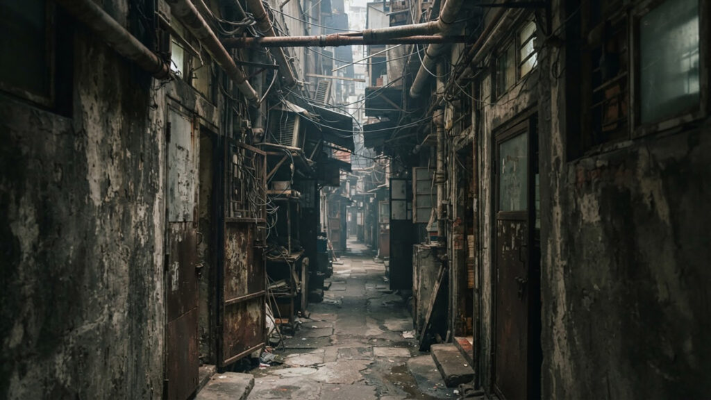 混沌とした路地裏と高層建築