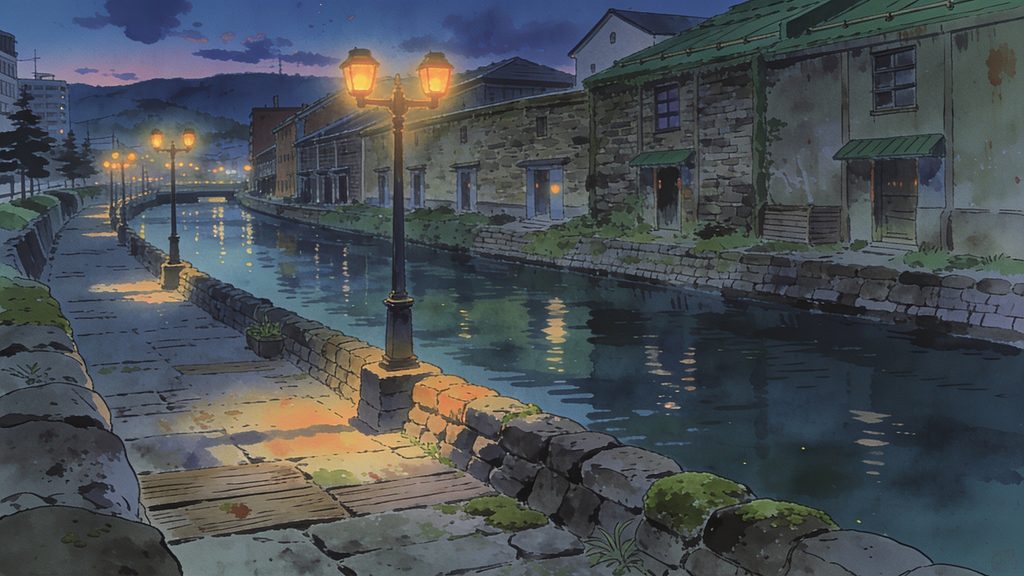 運河と石造り倉庫群の黄昏の背景イラストのフリー素材