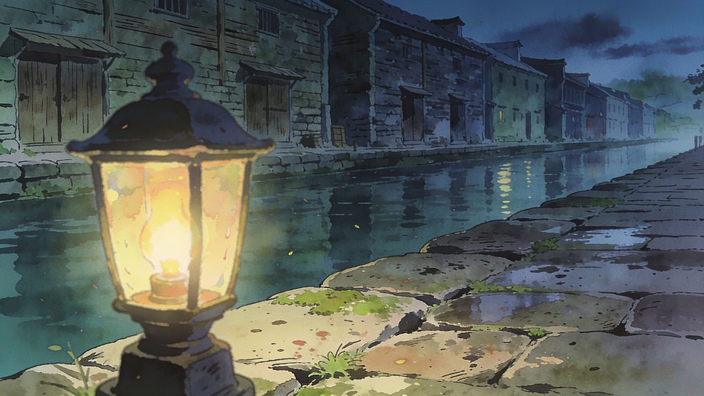 運河と石造り倉庫群の黄昏