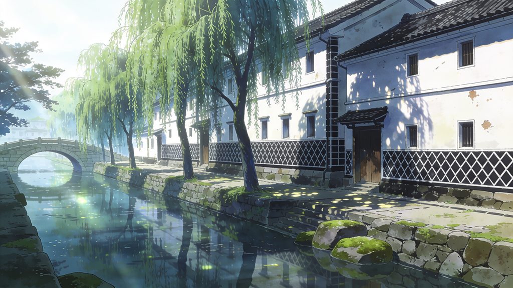 倉敷美観地区風・白壁土蔵と柳揺れる掘割の背景イラストのフリー素材
