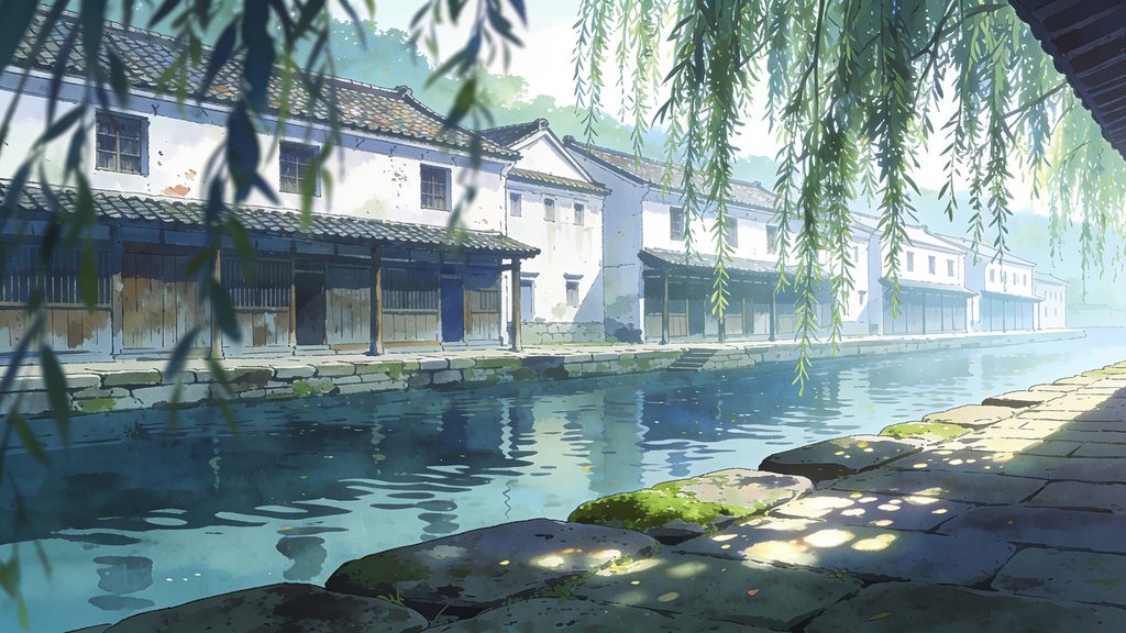 倉敷美観地区風・白壁土蔵と柳揺れる掘割