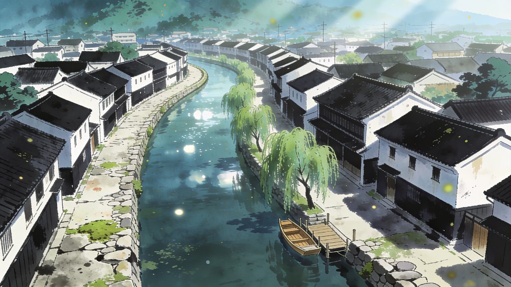 倉敷美観地区風・白壁土蔵と柳揺れる掘割