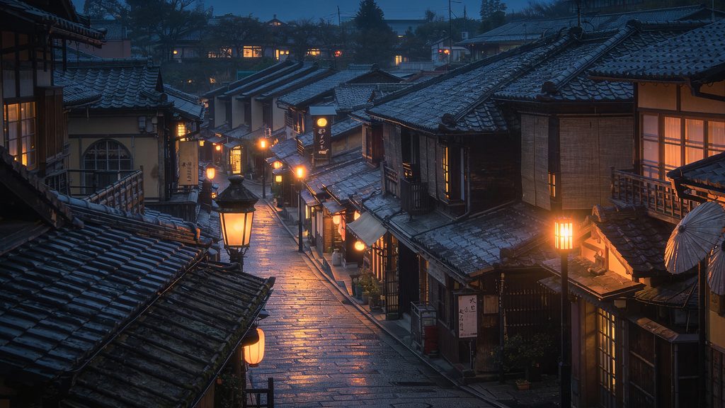 京都祇園風・情緒ある町並み背景の背景イラストのフリー素材
