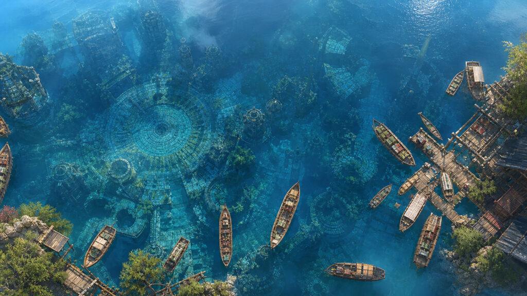 水底に沈む古代遺跡の上の市場の背景イラストのフリー素材