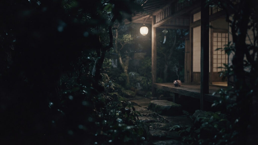 古い縁側の蚊やり豚と覗き込む影