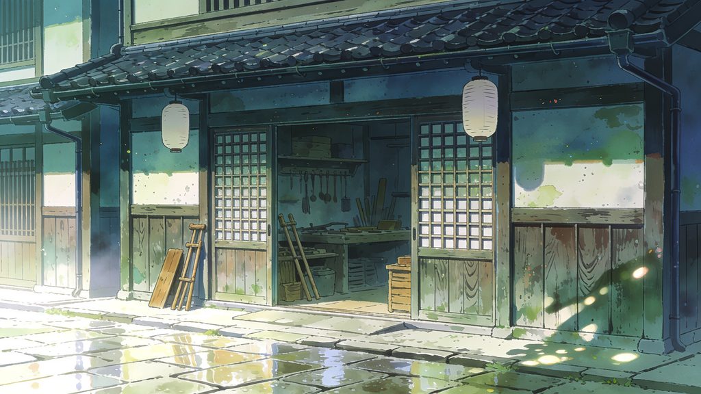 昔ながらの瓦屋根の下町職人街の背景イラストのフリー素材