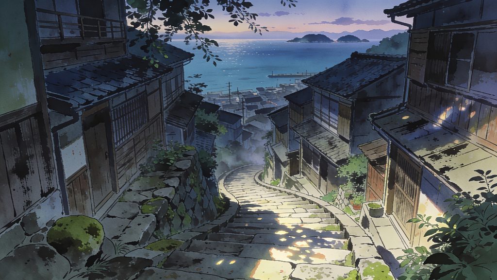 瀬戸内・坂の町情景集の背景イラストのフリー素材