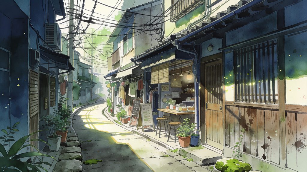 下北沢風・古着屋とカフェの入り組む裏路地の背景イラストのフリー素材