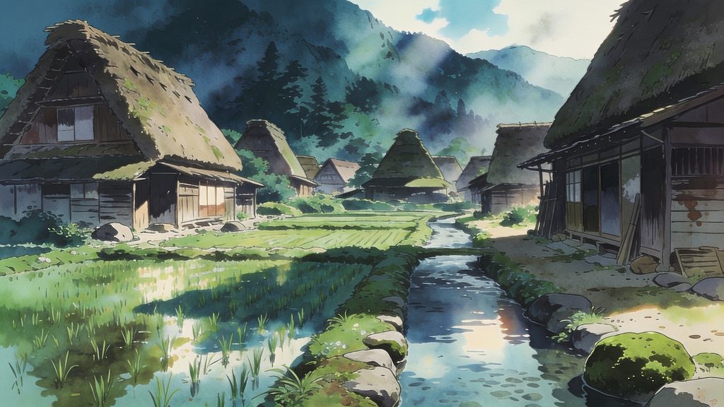 白川郷風・茅葺き集落と清流の田園の背景イラストのフリー素材